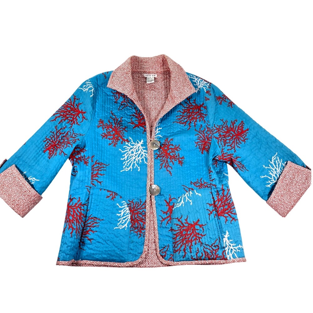 Patty Kim Quilted Jacket Blue‎ Red Coral Print Reversible Collar Women's L
